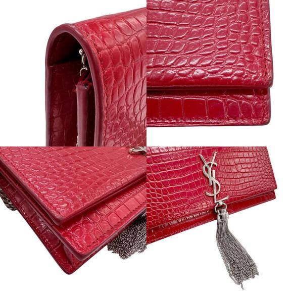 SAINT LAURENT Chain Wallet Embossed Leather Red Women's 452159 z0846 - Picture 4 of 5